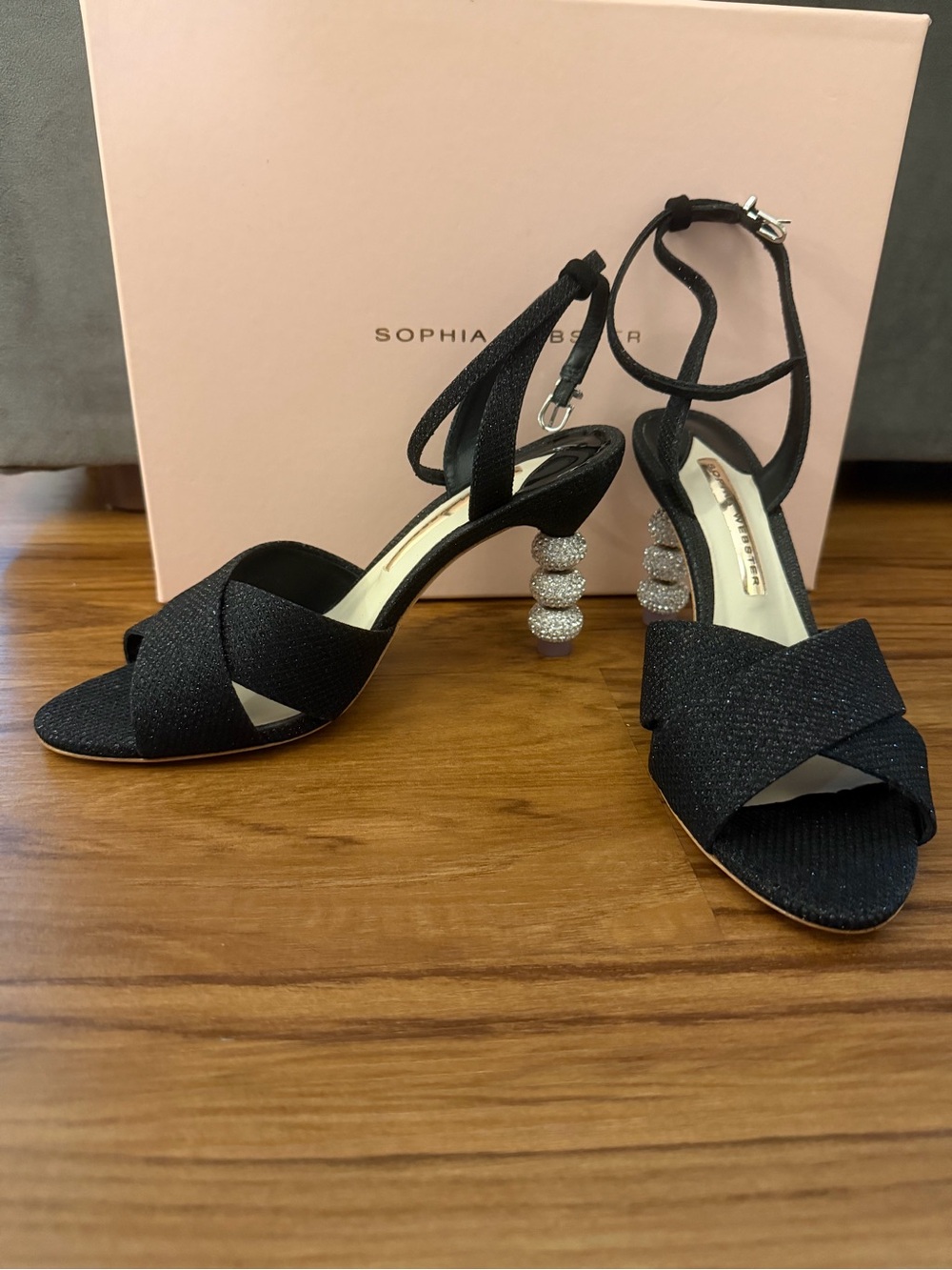 Sophia Webster Natalia Black Crystal-Embellished Beaded Mid-Heel Sandals 38.5